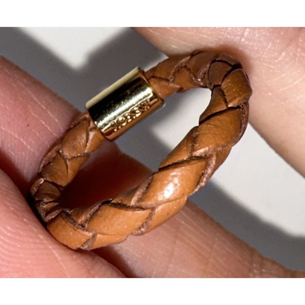J Crew Ring Leather Braid Brown Gold Tone Metal Weave Signed Size 5